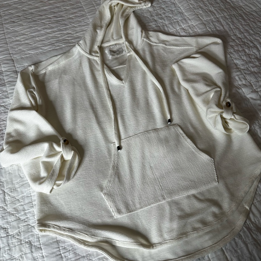NEW Ribbed Cupio Cream Hoodie with Kangaroo Pocket High Low Rayon Blend Large - Picture 11 of 11